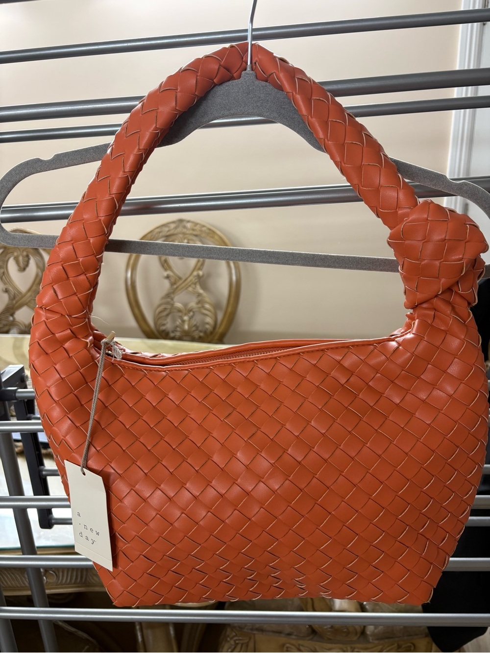Woven Hobo Shoulder Bag Orange Cognac Faux Leather Purse - Picture 2 of 4
